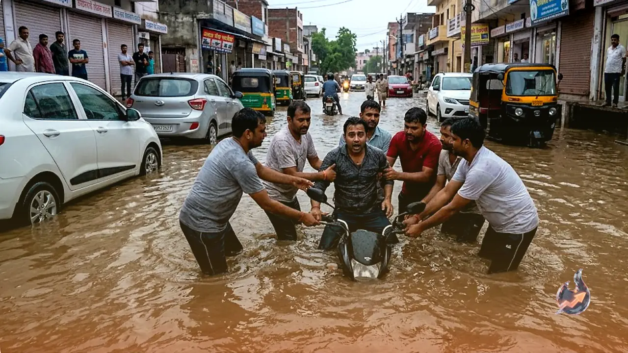Jhunjhunu's First Pre-Monsoon Rain Floods the City as Biker Disappears Into a Hidden Pothole