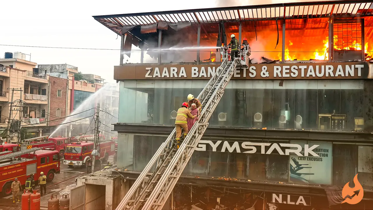 Pre-Dawn Inferno at Kalkaji Restaurant: Three LPG Cylinders Burst as 9 Fire Tenders Rush In, Elderly Woman Pulled to Safety