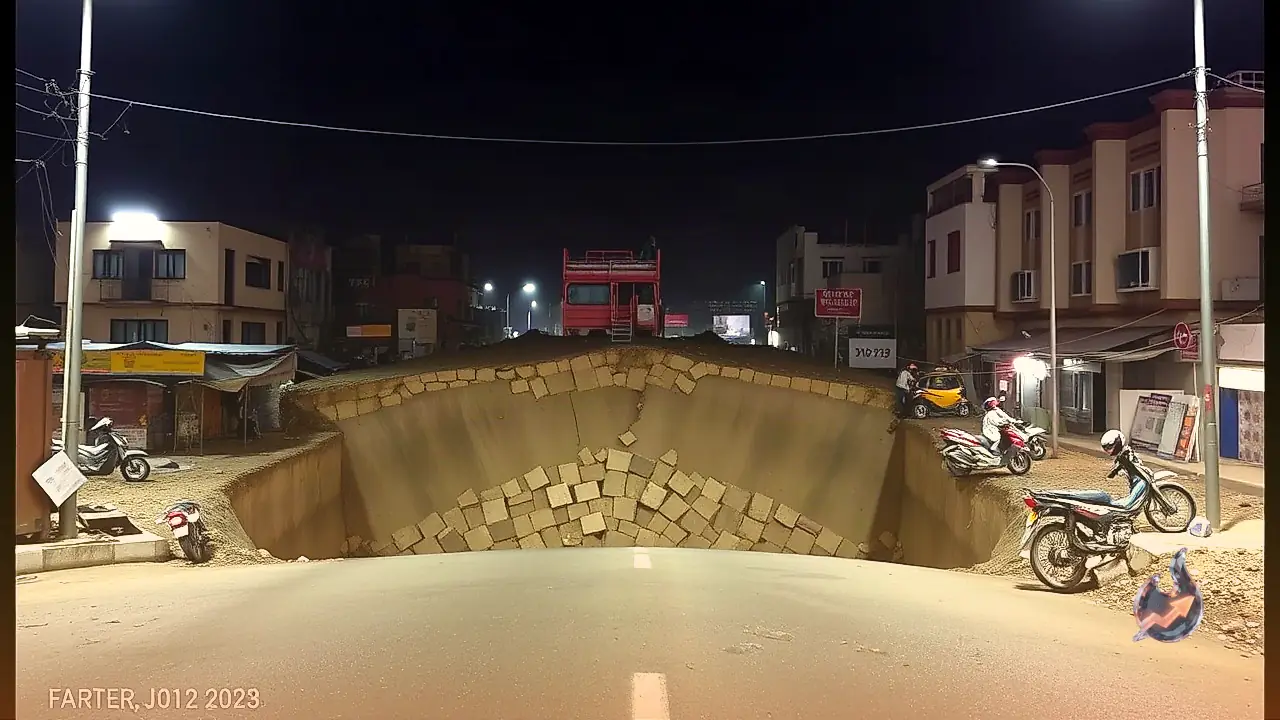 जाजमऊ के सरैया चौराहे पर अचानक धंसी सड़क, 18 फीट गहरे गड्ढे से वीआईपी रूट बाधित और 9 मकानों पर खतरा