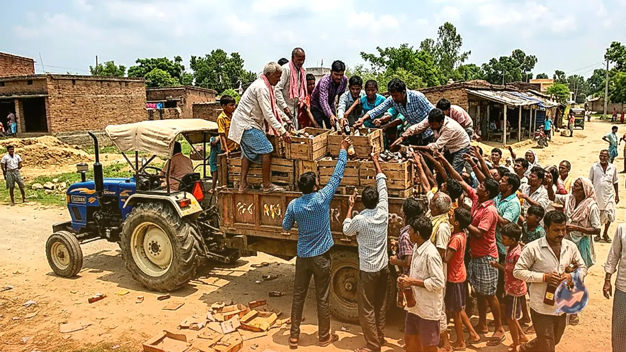 Open looting of liquor amid prohibition in Khagaria, massive crowd gathers to grab bottles loaded on a tractor