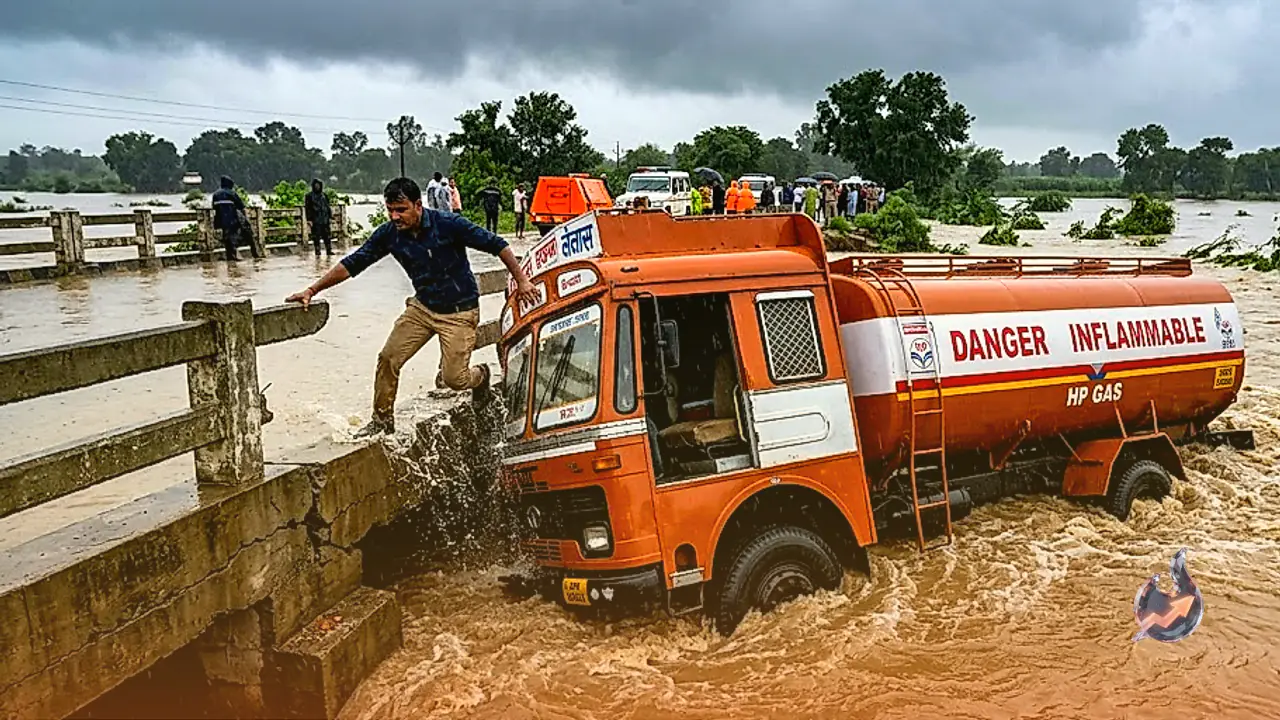 Oil Tanker Swept Away on Flooded Bridge in Lalitpur, Driver Leaps to Safety