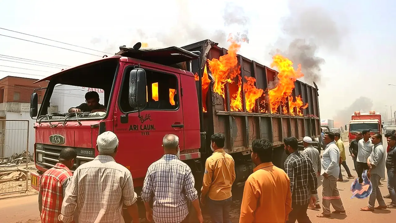Liquor Truck Catches Fire Following Crash in Bhilwara, Driver and Helper Rescued from Burning Cabin