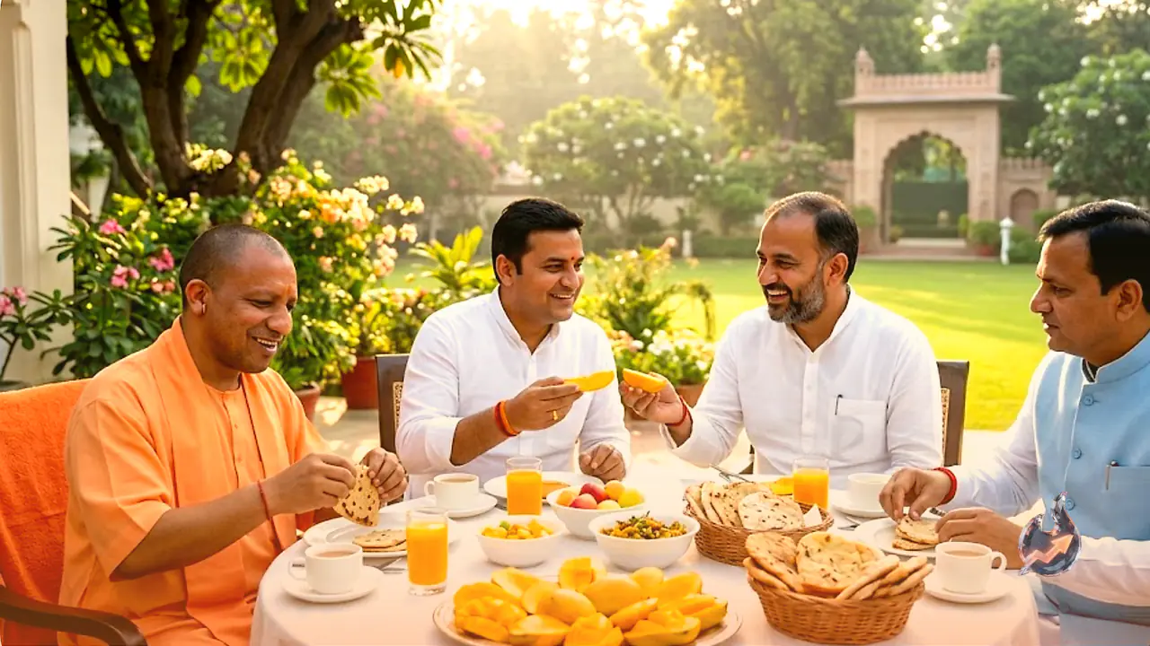 Yogi and Both UP Deputy CMs Break Bread With BJP Chief Nitin Naveen, Signalling Poll-Season Unity