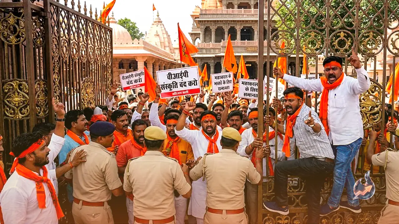 महाकाल मंदिर में वीआईपी कल्चर के खिलाफ भड़के विश्व हिंदू परिषद और बजरंग दल के कार्यकर्ता, शंख द्वार पर किया प्रदर्शन