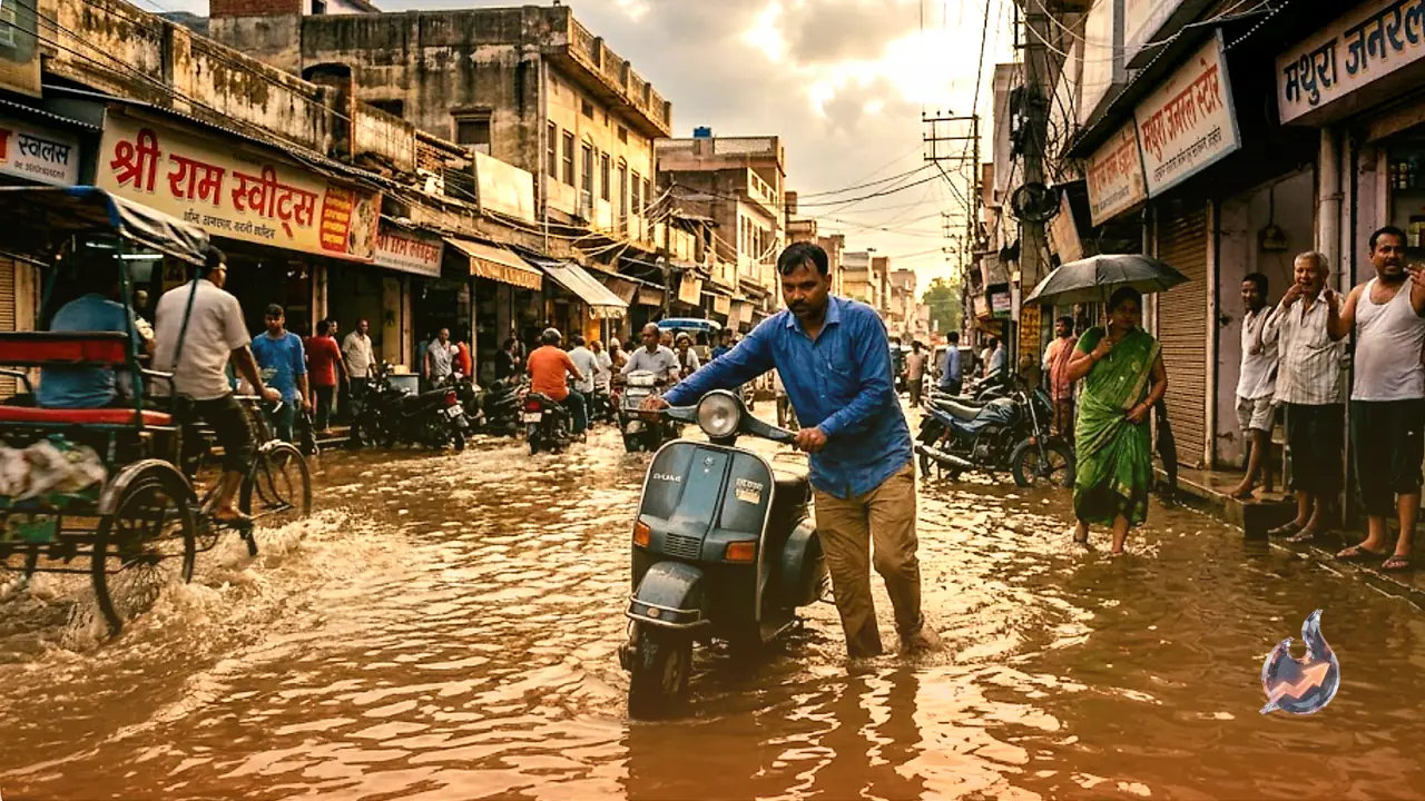 मानसून की एक ही बारिश में घुटनों तक पानी में डूबा मथुरा, सड़कों पर मचा हाहाकार
