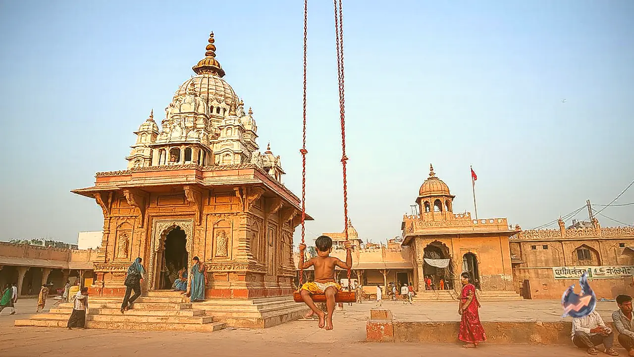 मथुरा के द्वारकाधीश मंदिर में सावन की धूम, हरे मखमल के हिंडोले में विराजे भगवान