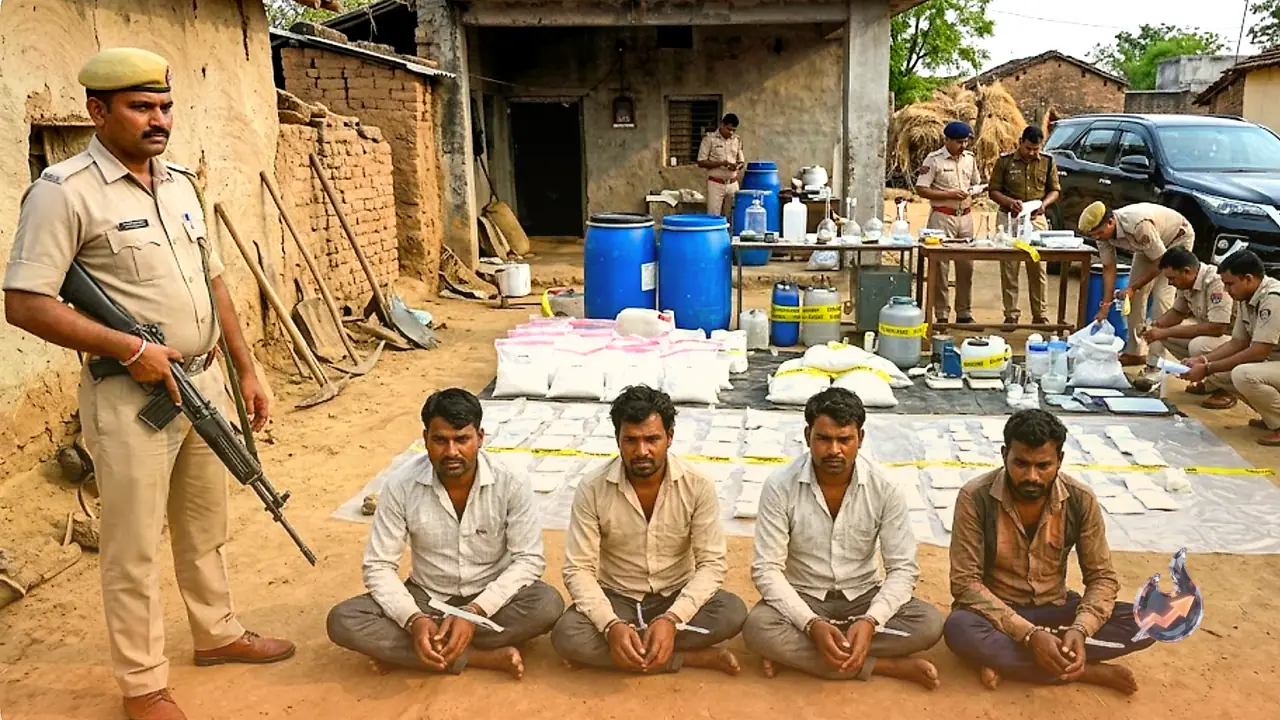 Secret MD drug lab busted in a Mauganj village, four arrested as police seize contraband worth crores