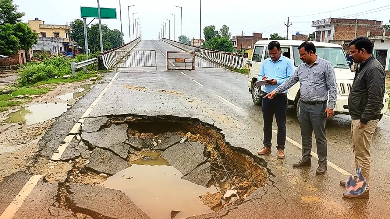 मिर्जापुर में पहली बारिश झेल न सका 64 करोड़ का आमघाट ओवरब्रिज, धंसी एप्रोच रोड पर बैठी 3 सदस्यीय जांच टीम