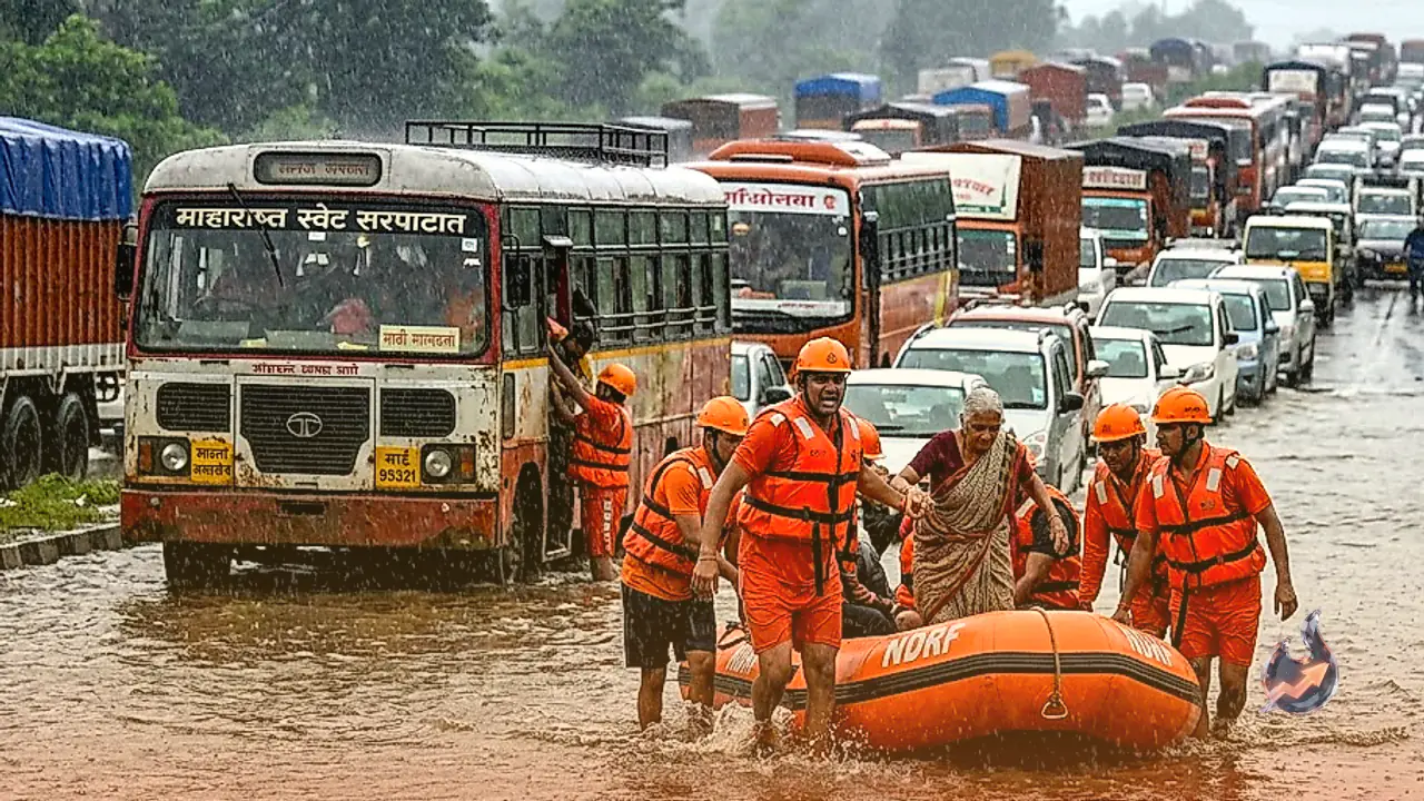 Heavy Rain Triggers 40 Kilometer Gridlock on Mumbai Gujarat Highway, Trains Halted and Palghar Launches Massive Rescue
