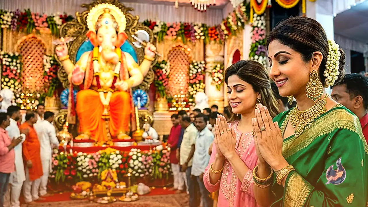 Antique Jewelry Steals the Show as Shilpa Shetty and Shamita Shetty Seek Blessings at Mumbai's Famous Pandal