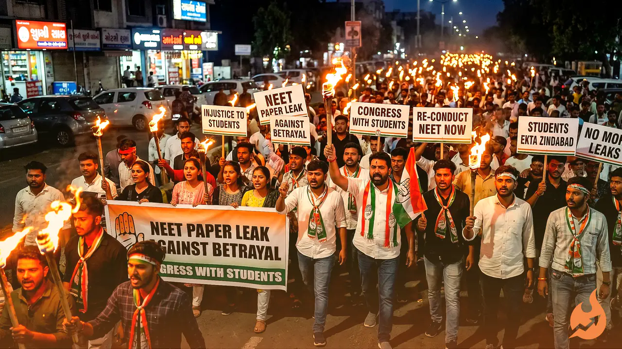 NEET पेपर लीक पर सड़क पर उतरी Congress, अहमदाबाद में निकला मशाल जुलूस — छात्रों के साथ धोखे का आरोप