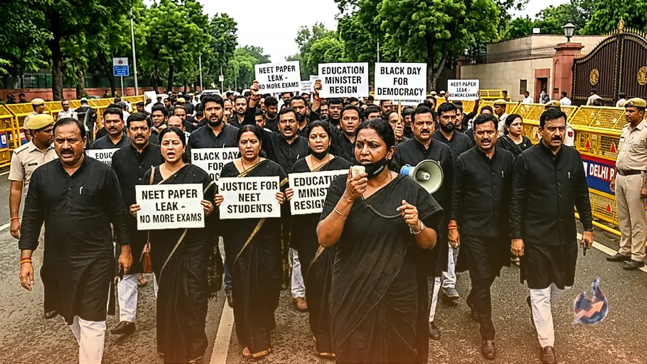 नीट विवाद पर घिरे धर्मेंद्र प्रधान, काले कपड़ों में संसद पहुंचा विपक्ष, राहुल गांधी का धरना