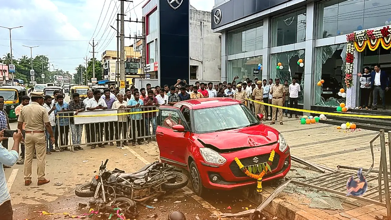 New car goes out of control right after leaving showroom in Shivamogga, crashes into bike