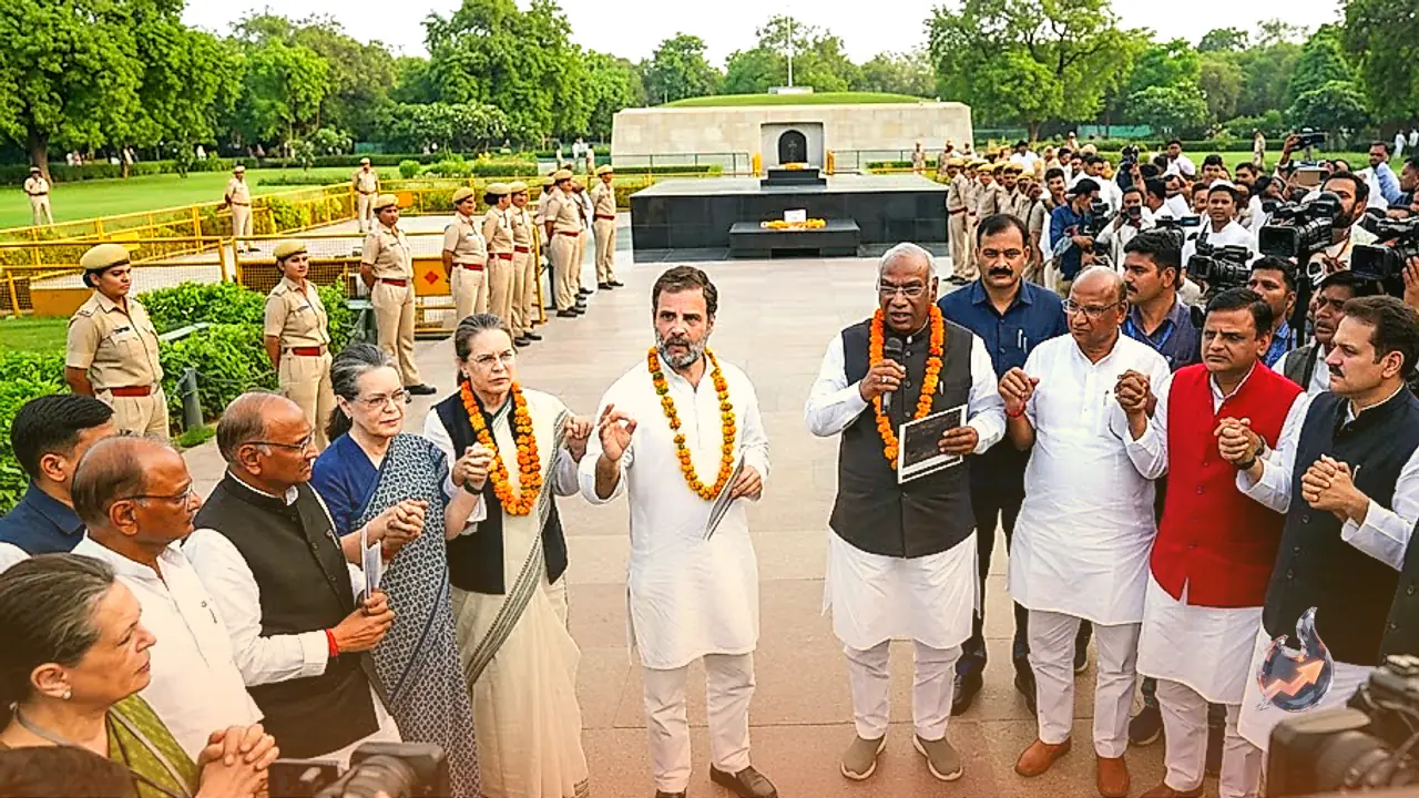 Opposition Demands CEC Gyanesh Kumar's Resignation as Rahul Gandhi and Kharge Stage Protest at Rajghat