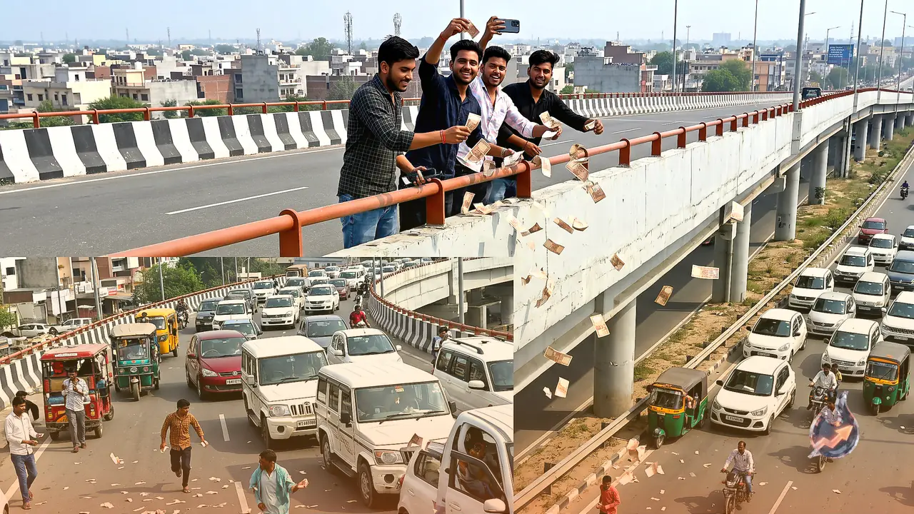 Panipat Reel Stunt Turns Dangerous: Youths Rain 10 Rupee Notes From Flyover, Highway Traffic Halts As People Scramble To Grab Cash