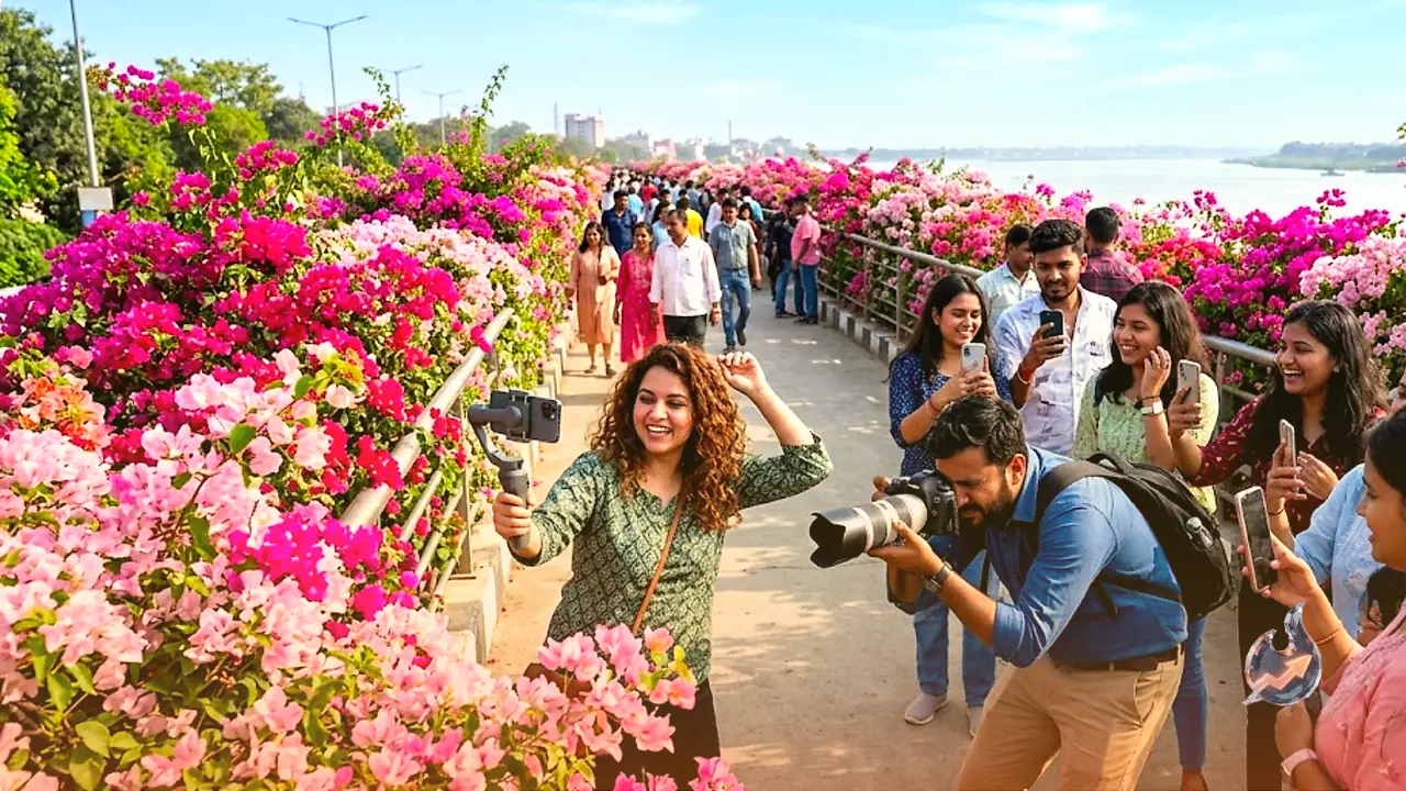 Patna's JP Ganga Path Turns Into a Sea of Pink Blooms, Drawing Crowds of Reel-Makers and Photographers