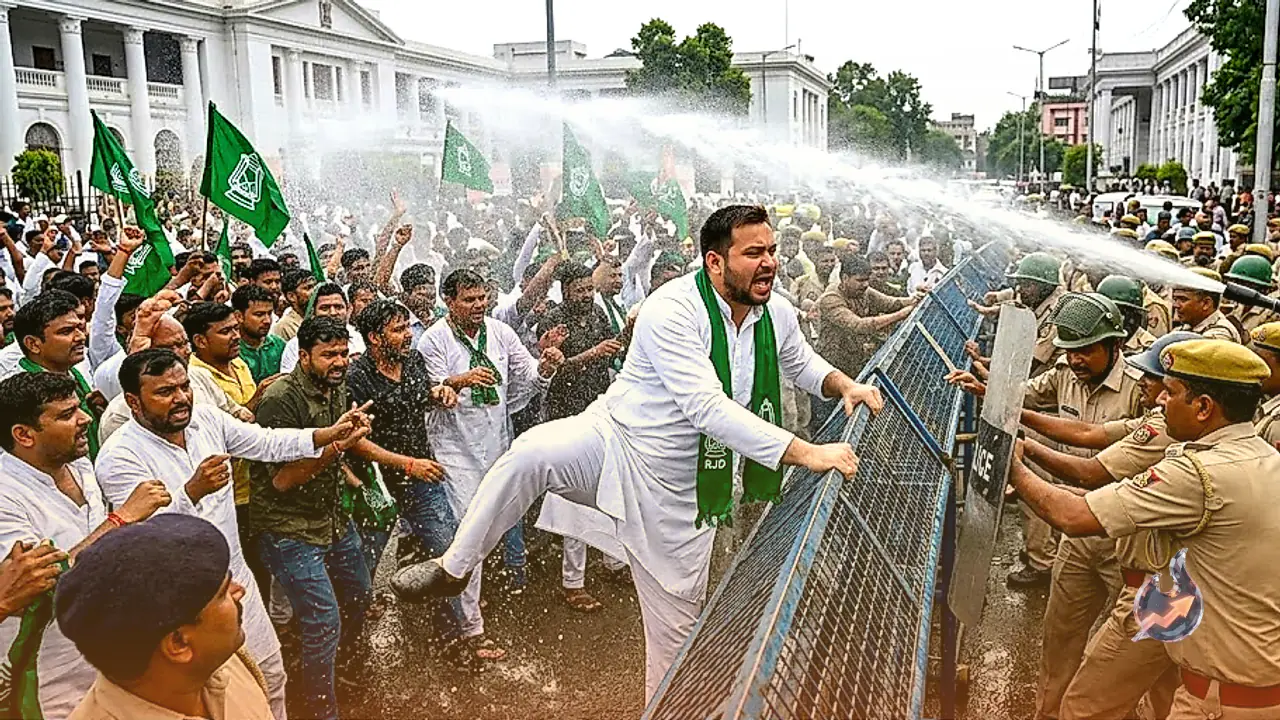 RJD Marches to Raj Bhavan Over Bihar Paper Leak: Tejashwi Yadav Climbs Barricades Amid Water Cannons and AK-47 Protest