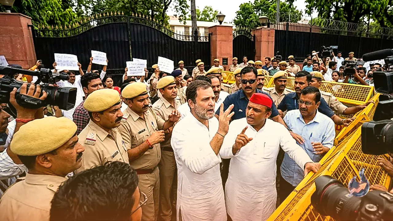 पेपर लीक प्रदर्शन का राजनीतिकरण: प्रधानमंत्री आवास के बाहर राहुल-अखिलेश का हाई-वोल्टेज ड्रामा और श्रेय की होड़