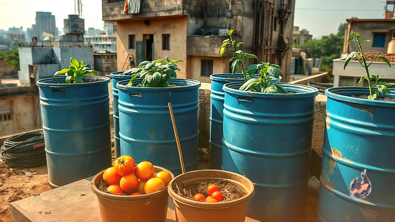 Turn Your Rooftop into a Vegetable Garden Using Blue Drums for a Plentiful Home Harvest
