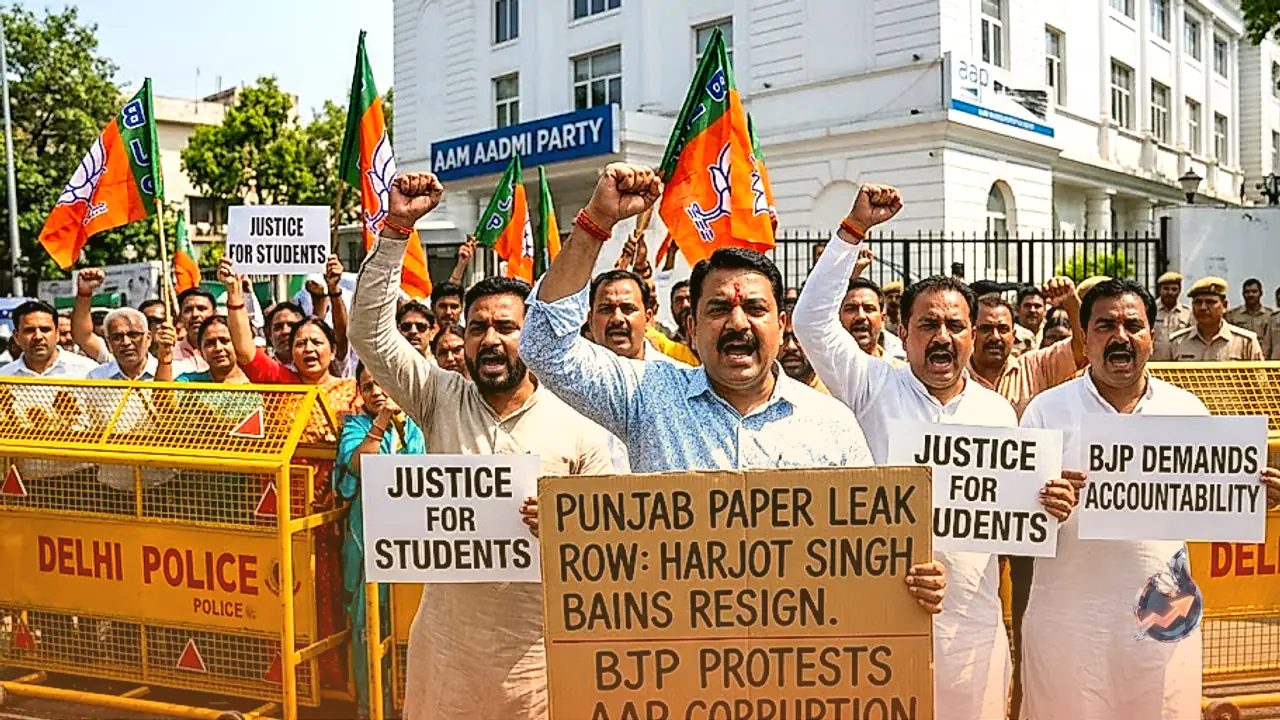 Punjab Paper Leak Row: BJP Protests Outside AAP Delhi Office, Demands Education Minister Harjot Singh Bains Resign
