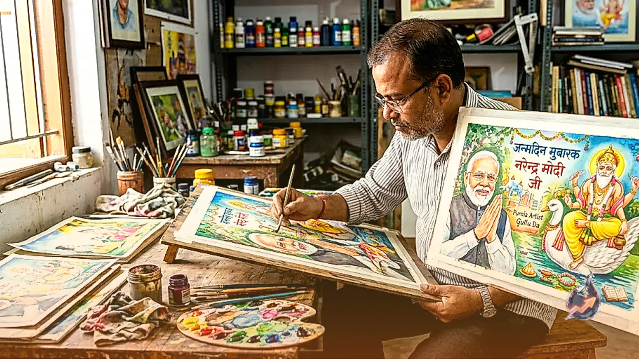 Purnia Artist Gullu Da Crafts Unique Watercolor Painting Combining PM Modi Birthday and Lord Vishwakarma