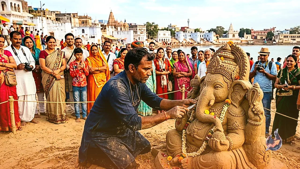 Pushkar Sand Sculptor Ajay Rawat Carves Intricate Lord Ganesh Idol, Drawing Crowds and Tourists