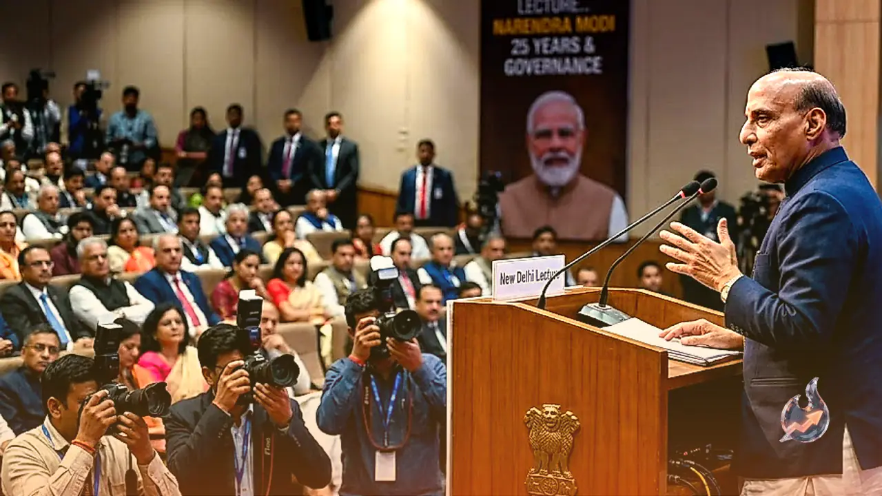 राजनाथ सिंह ने नई दिल्ली में पीएम नरेंद्र मोदी के 25 साल के शासनकाल पर दिया व्याख्यान