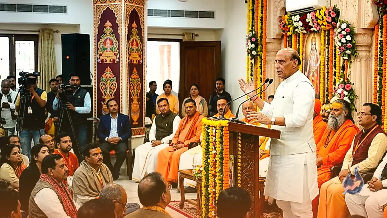 Rajnath Singh Addresses Gathering at Rashtra Mandir Vishwa Ramayana Ashram in Delhi Amid Religious Deliberations
