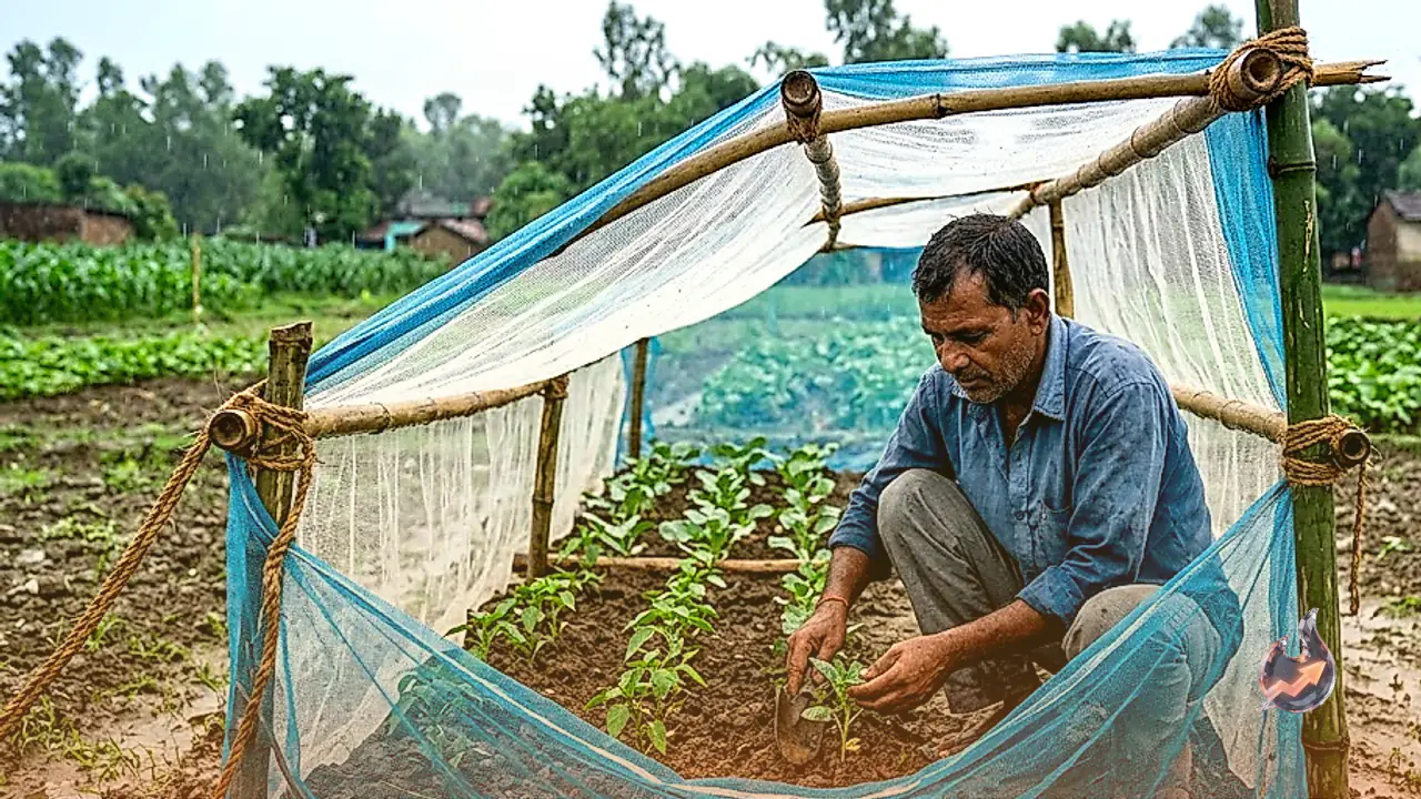 Rampur Farmer Gendalal Uses Mosquito Net and Bamboo to Build Low-Cost Monsoon Nursery for Vegetable Crops