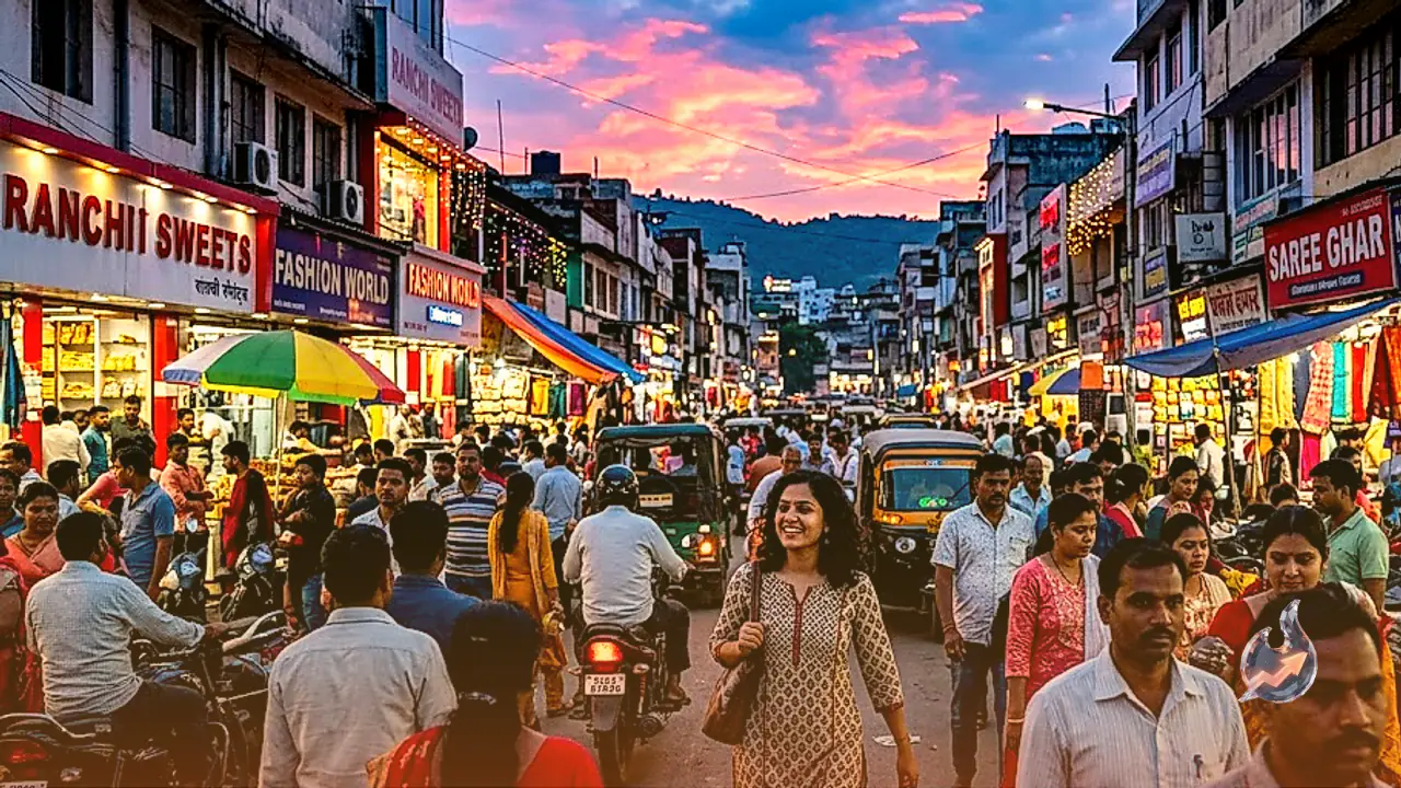 रांची में शाम का अनूठा नजारा, गुलाबी आसमान और गुलजार सड़कों पर उमड़ती है भीड़
