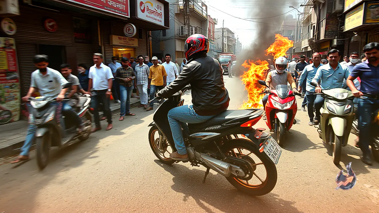Rider Escapes Unhurt After Moving Two-Wheeler Catches Fire Near Panchariya Chowk in Nokha