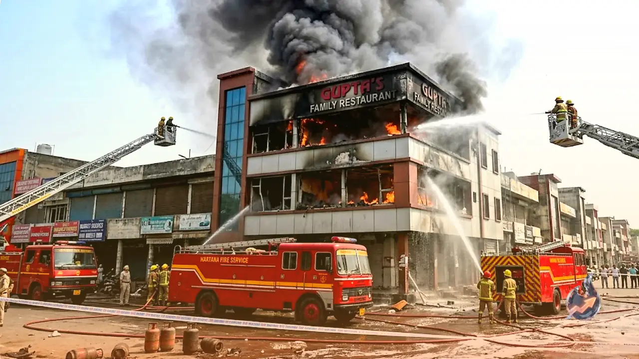 LPG Cylinder Blasts Ignite Massive Fire at Rohtak Market Restaurant, Entire Area Evacuated Without Casualties