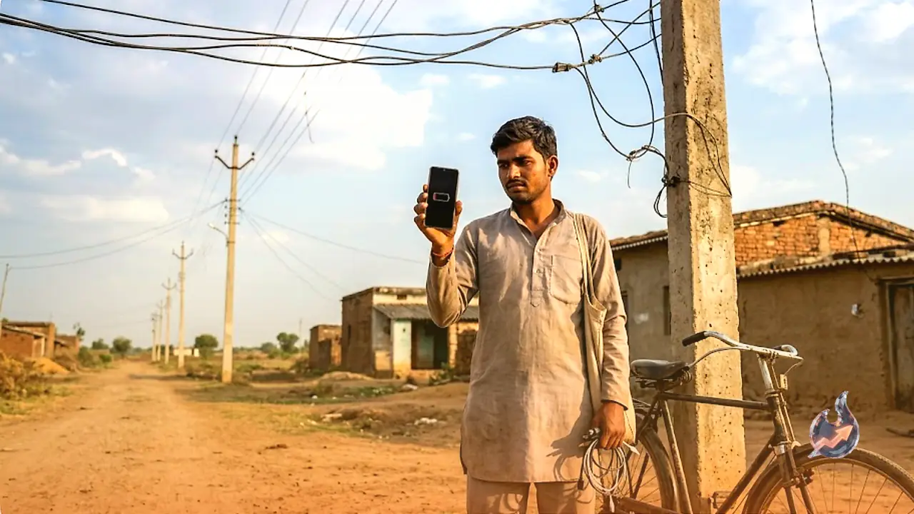 In this Sagar village, power poles and wires exist but no current flows, forcing daily 5 km trips just to charge phones