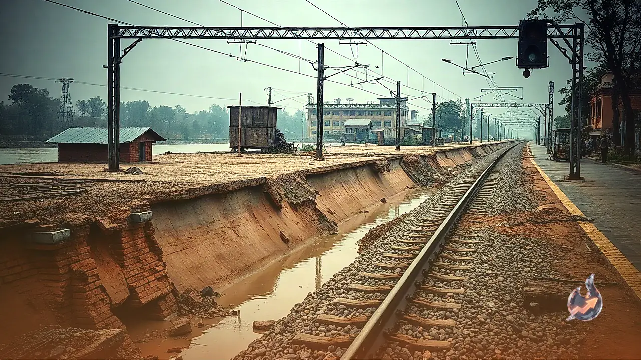 Surging Ganga Waters Cause Soil Erosion Near Railway Tracks in Sahibganj, Disrupting Train Movement
