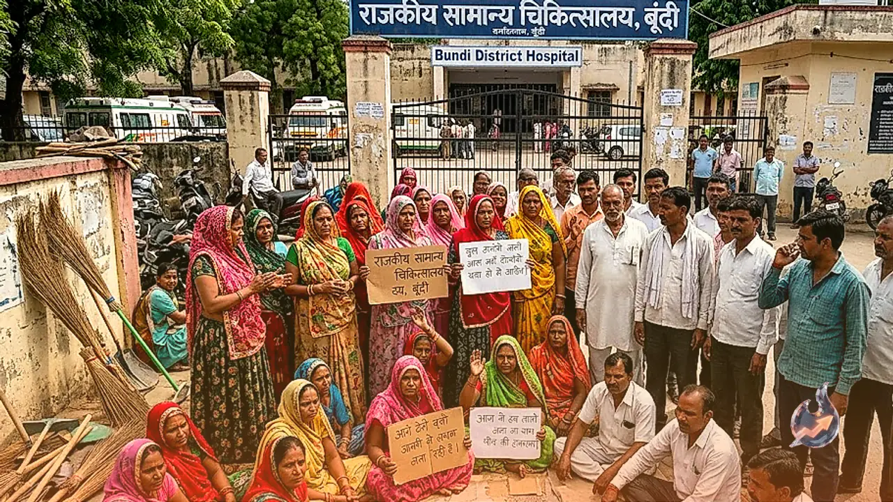 राजस्थान के बूंदी जिला अस्पताल में सफाईकर्मियों का कार्य बहिष्कार, बकाया मानदेय को लेकर मुख्य द्वार पर प्रदर्शन