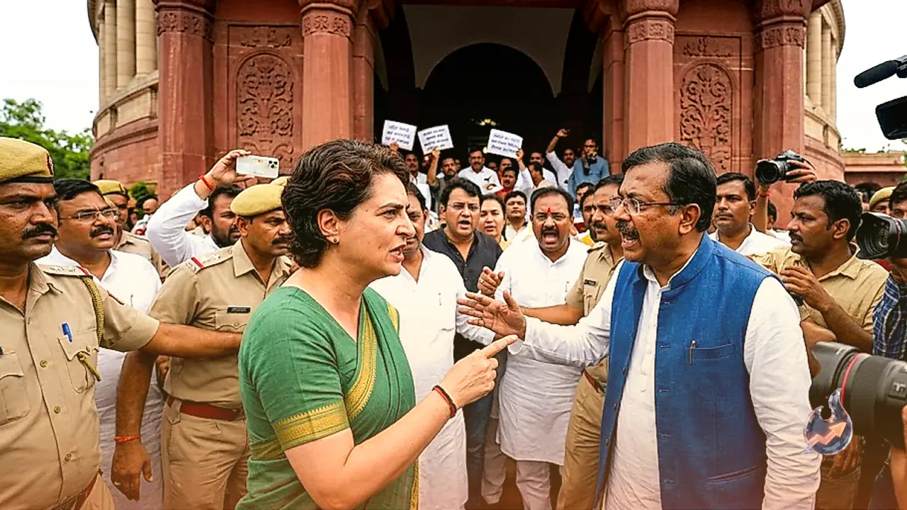 High Drama at Makar Dwar as Priyanka Gandhi Vadra and Kalyan Banerjee Debate History Amid Uproar Over Anti Paper Leak Bill