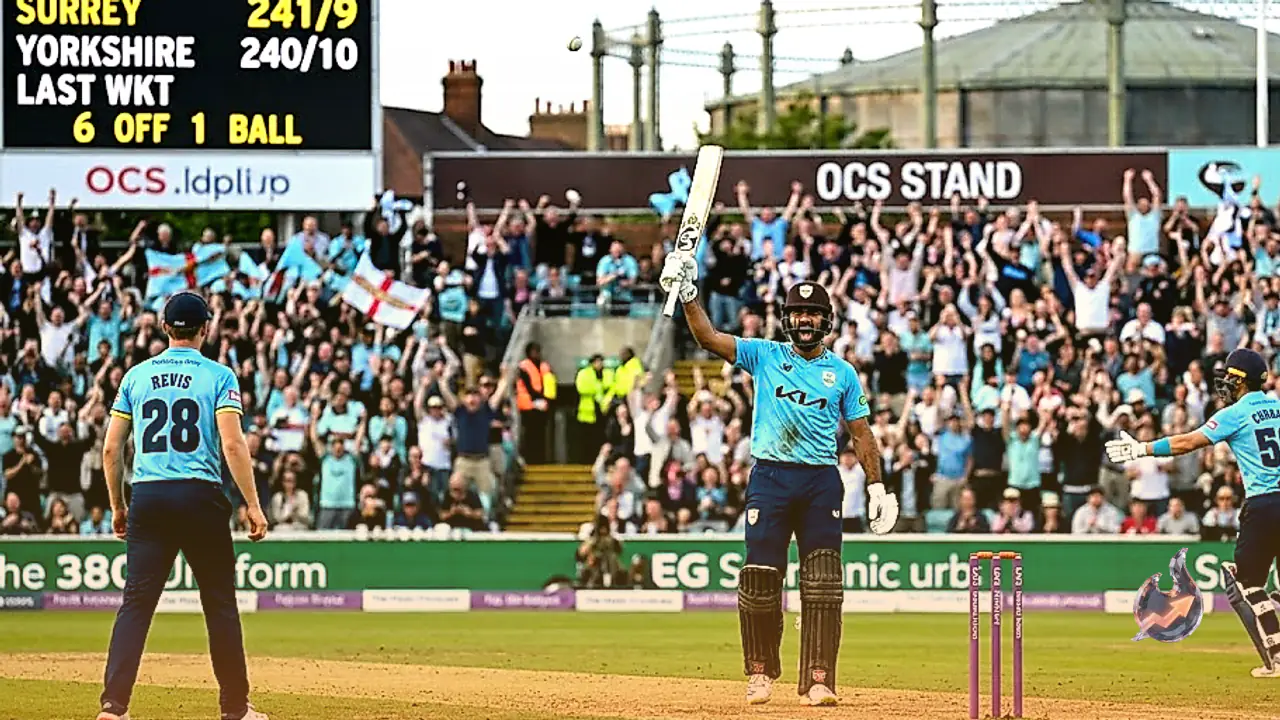 A last-wicket six from Auqib Nabi turned the county match Surrey's way