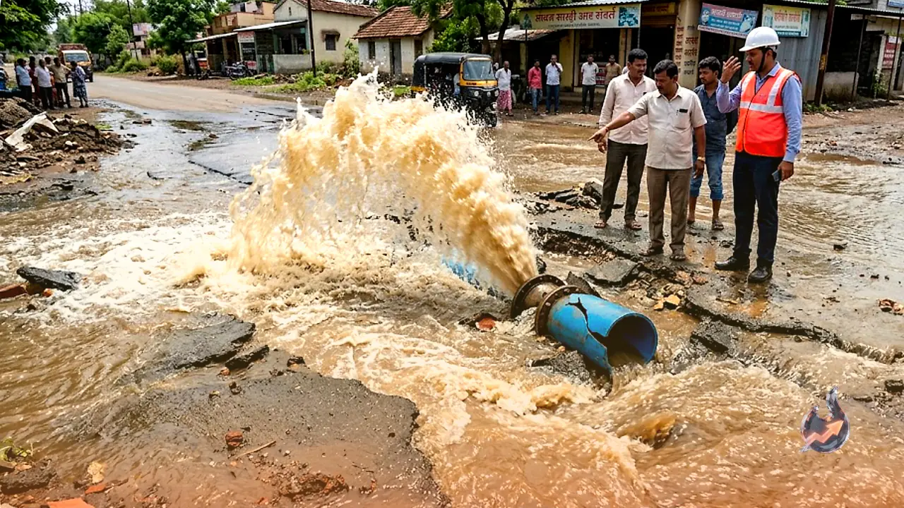 तलेगांव दाभाड़े में पाइपलाइन टेस्टिंग के दौरान सड़क से फूटा पानी का फव्वारा, ठेकेदार से होगी वसूली