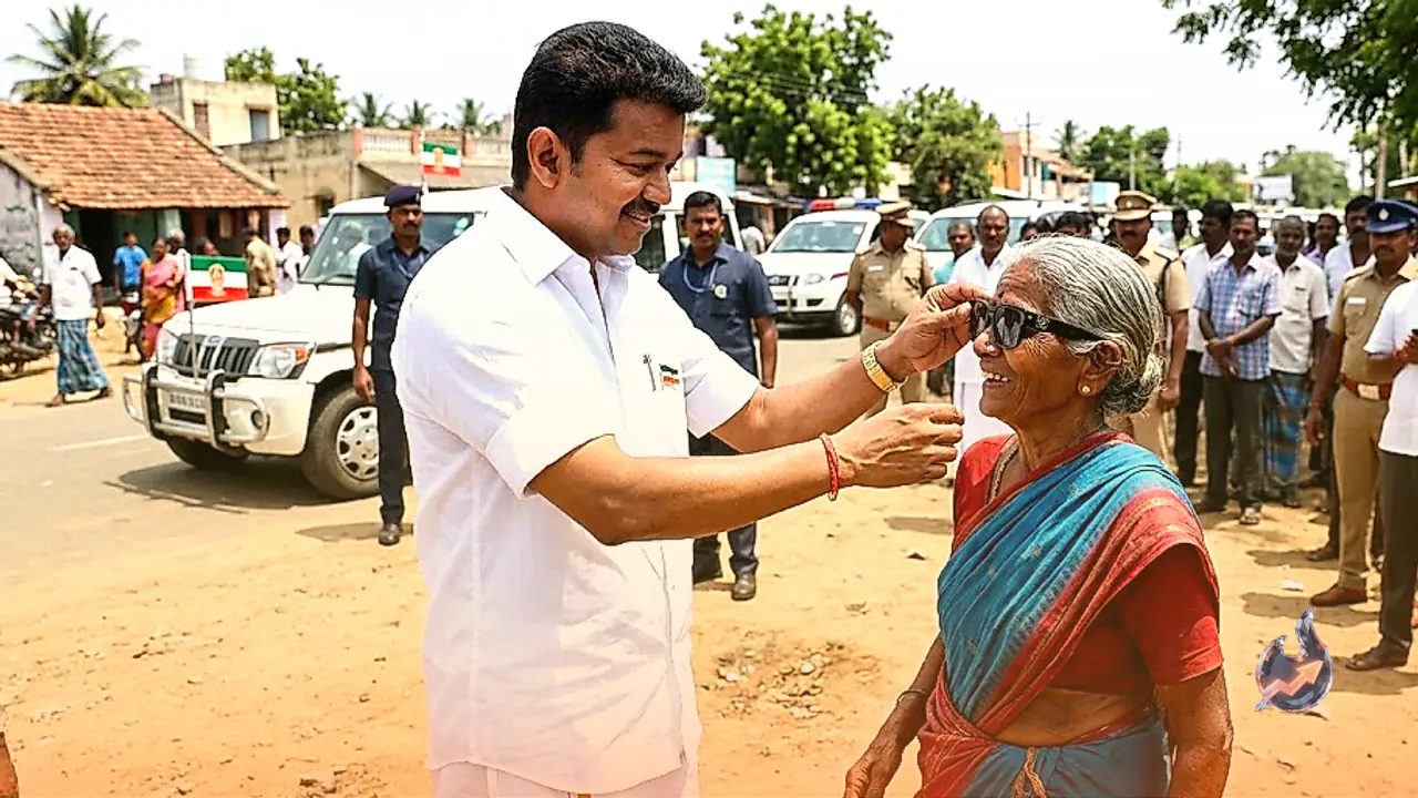Tamil Nadu CM Joseph Vijay gifts luxury sunglasses to elderly woman Chellam in Salem