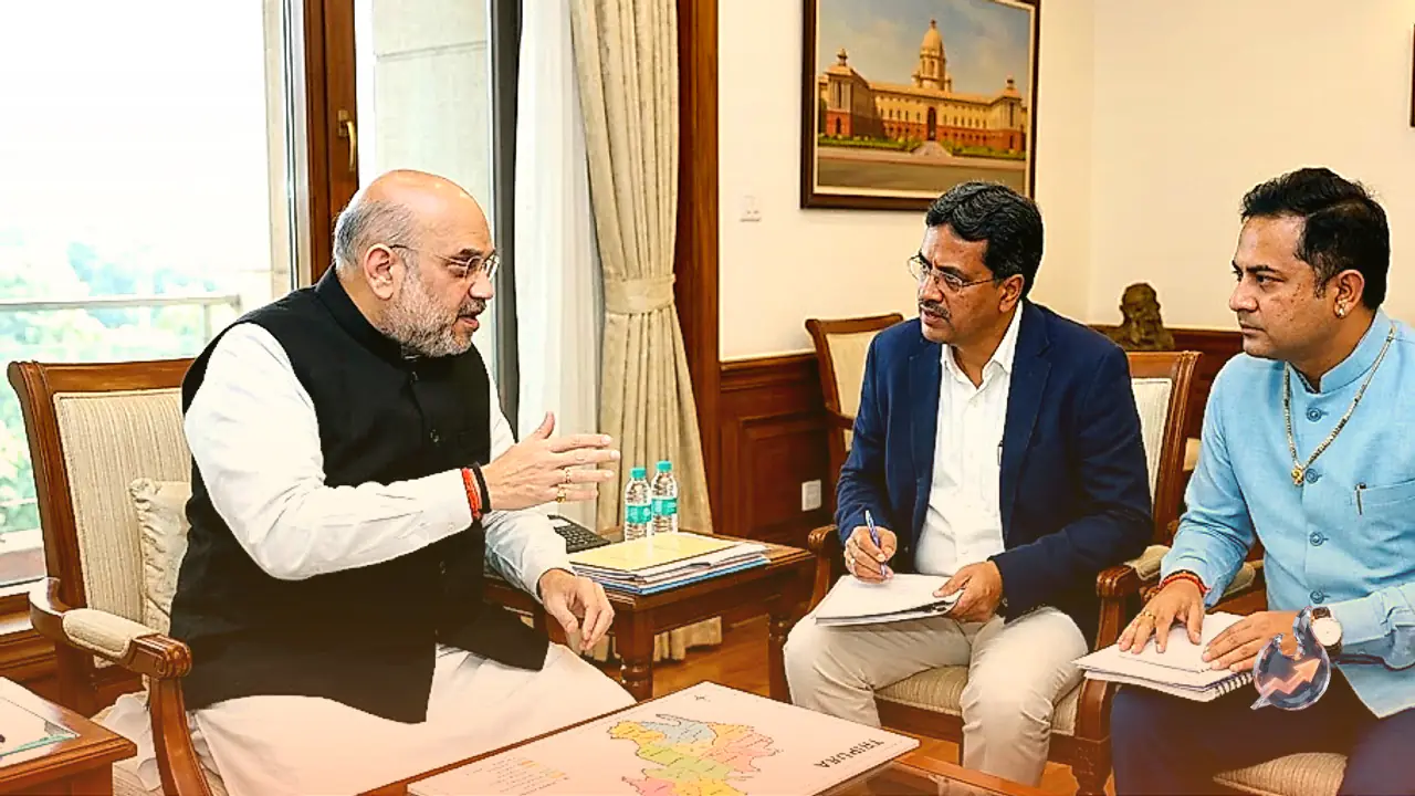 Amit Shah Holds Crucial Strategy Meet With Tripura CM Manik Saha and Pradyot Kishore Ahead of Local Body Polls