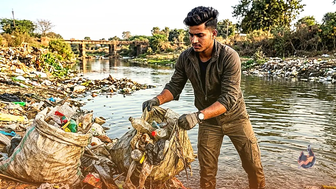 Twenty year old Surendra Singh Chaudhary cleans up dirty Ajnar river alone in Rajgarh Madhya Pradesh