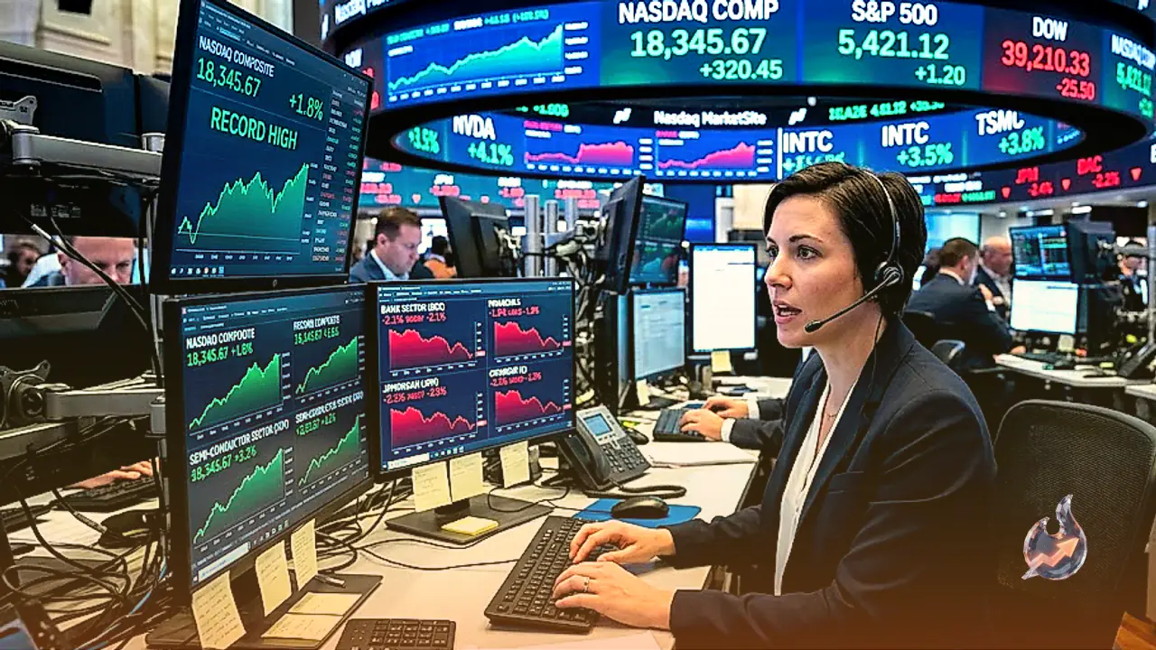 Tech and Chip Strength Lifts Nasdaq to Record High as Bank Sell-Off Keeps Wall Street Flat