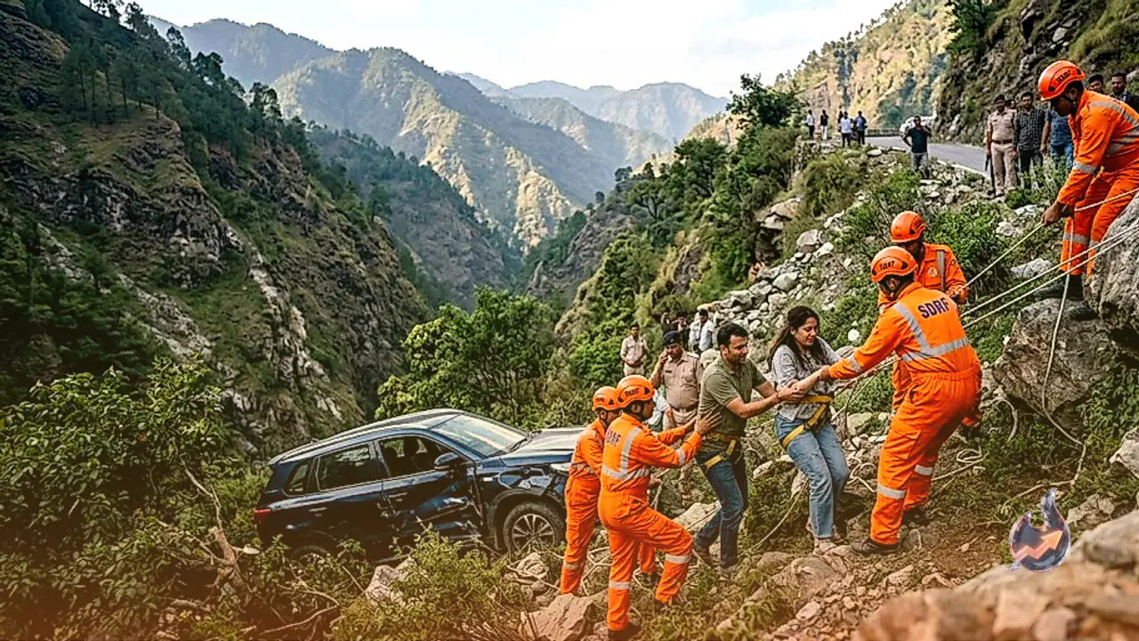 Tourists car plunges 35 meters into a gorge in Chakrata, SDRF rescues five people safely