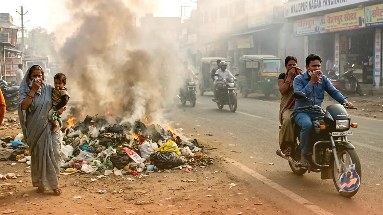Burning trash heaps along Walidpur's main road are choking commuters and making residents sick