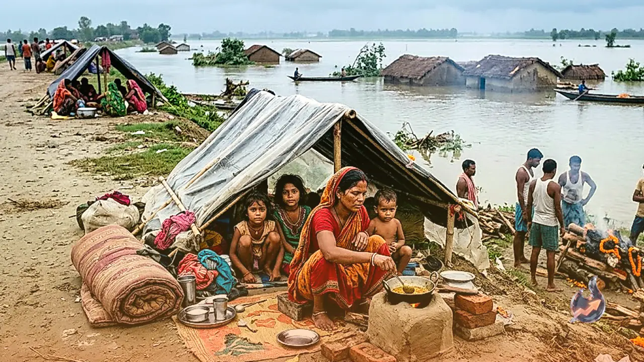 Gandak River Floods Submerge West Champaran Villages, Forcing Homeless Families to Camp Beside Cremation Grounds