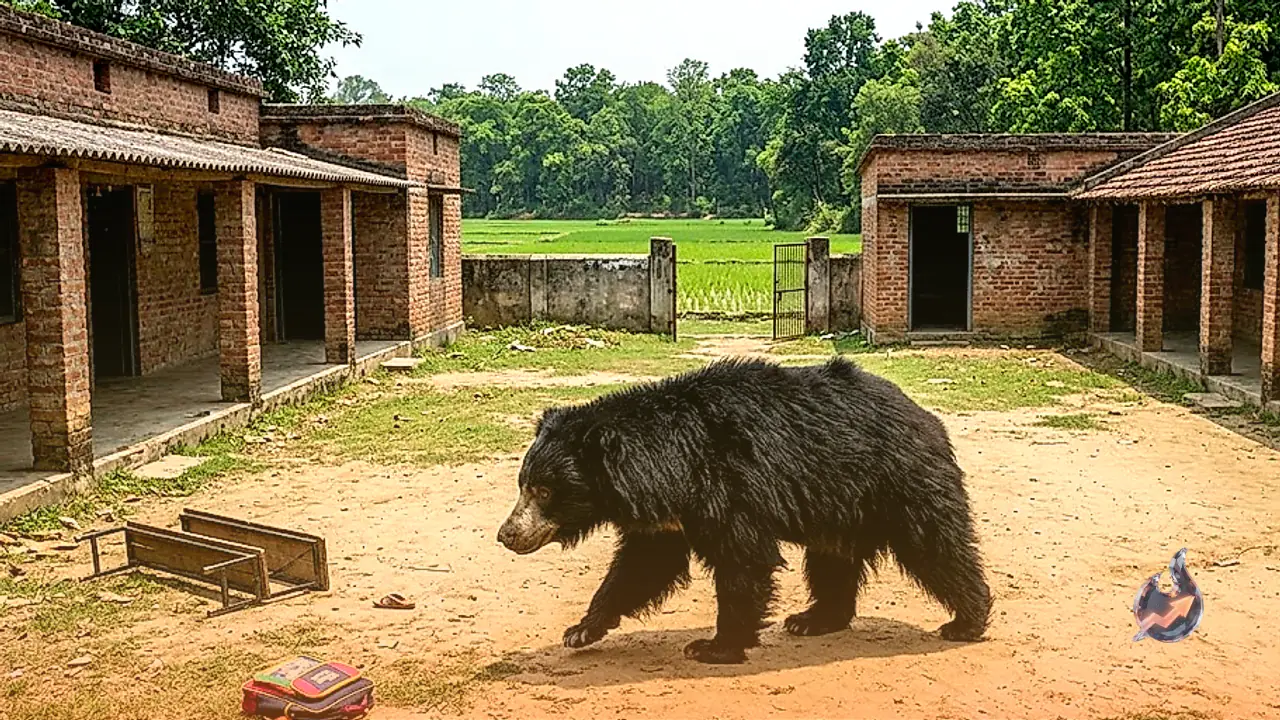 Massive Sloth Bear Invades West Champaran School Campus, Forcing Terrified Farmers to Abandon Paddy Fields