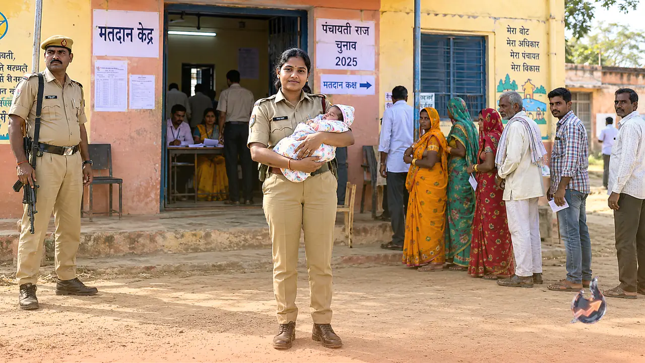 झालावाड़ में 12 महीने के बेटे को गोद में थामे चुनाव ड्यूटी निभाती दिखीं महिला सिपाही अंतिमा सहारिया