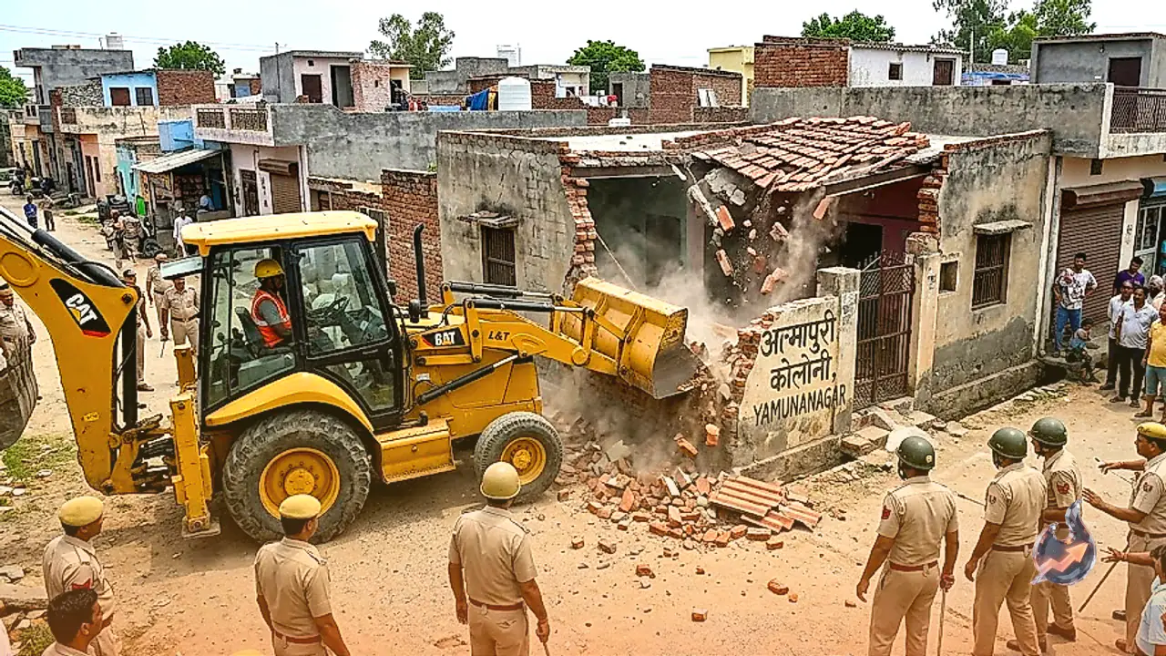 Bulldozer rolls over illegal house of drug smuggler in Atmapuri colony of Yamunanagar